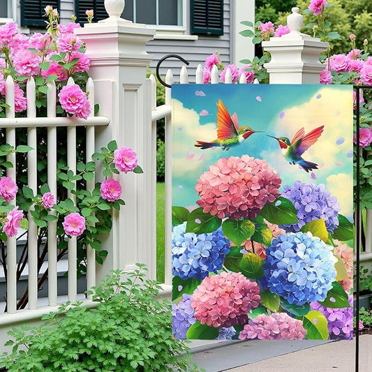 Spring Hummingbird Hydrangea Garden Flag Summer Floral Bird Outdoor Yard Flags Double Sided Flower House Banner Colorful Bloom Patio Lawn Porch Yard Seasonal Nature Home Decor 12x18 Inch