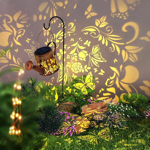 Solar Watering Can Outdoor Lights Garden Decor,Butterfly Hanging Lantern Waterproof Landscape Lights Outside Decoration for Yard Porch Patio Pathway Gardening Gifts(with 32 inch Shepherd Hook)