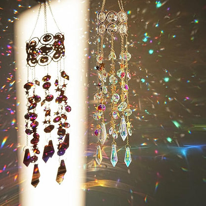 H&D HYALINE & DORA 15.5 Inch Crystal Suncatcher Hanging Window Sun Catcher with Colorful Beads Chain Gold-Plated Rainbow Maker for Indoor Outdoor Garden Christmas Decoration