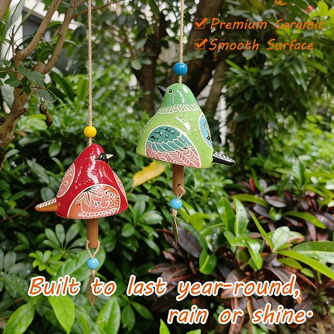 Ceramic Wind Chime Gift Set with 3D Pop Up Card - Handmade Memorial Healing Chimes for Outdoor/Indoor | Soothing Patio Decor | Unique Sympathy Gifts for Mom & Bird Lovers (Red+Green)