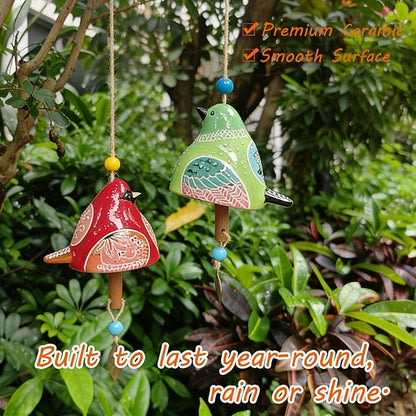 Ceramic Wind Chime Gift Set with 3D Pop Up Card - Handmade Memorial Healing Chimes for Outdoor/Indoor | Soothing Patio Decor | Unique Sympathy Gifts for Mom & Bird Lovers (Red+Green)