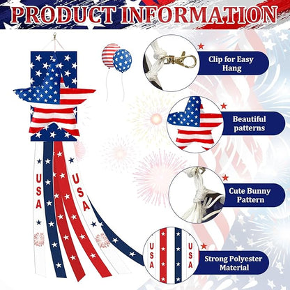 40 Inches USA Star Windsock Decoration, Patriotic Themed Hanging Wind Sock Ornament with Red, White, Blue Streamers, 'USA' Lettering, and Stars for 4th of July, Memorial Day, Veterans Day Decor
