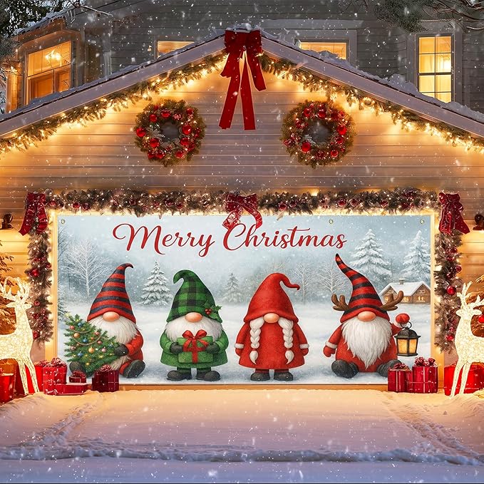 IVN Christmas Garage Door Cover Decoration 13x6ft Gnomes Snow Scene White Background Gift Tree Merry Christmas Garage Door Banner Home Door Front Yard Decor for Xmas Eve Holiday Outdoor