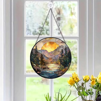 7.8" Mountain Range Suncatcher Stained Glass Window Hanging Sunset Sun Catcher Lake River Ornaments Wall Art Home Garden Room Decor Birthday for Nature Lovers Women Mom