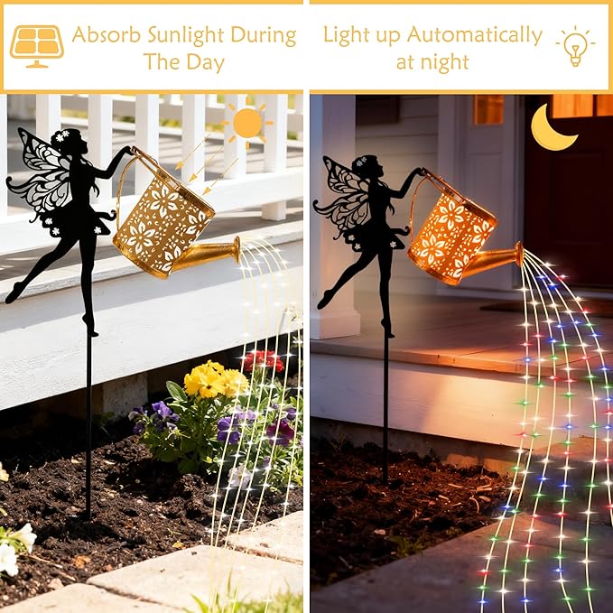 Solar Powered Fairy Water Bottle Light, Garden Decorative Iron Beautiful Fairy Flowing Water Bottle Ground Lamp, Wireless Twilight to Dawn LED Light Waterproof.