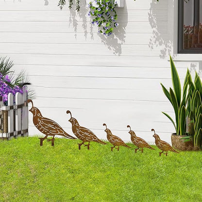 5PCS Rusty Quail Family Decorative Garden Stakes, Metal Birds Yard Decor, Bird Lover Gifts for Women Mom Grandma Wife, Metal Birds Statues Garden Sculptures and Yard Art, Patio, Lawn Ornaments
