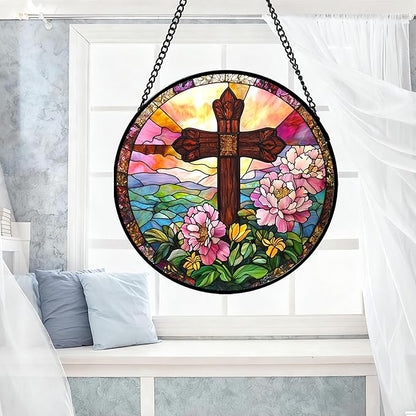 Christian Gifts for Women - Cross Stained Glass Window Hanging Jesus Easter Pink Flower Peony Sun Catcher Garden Religion Decor Mother's Day Catholic Gift for Men Grandma Mom Her Nana 15"