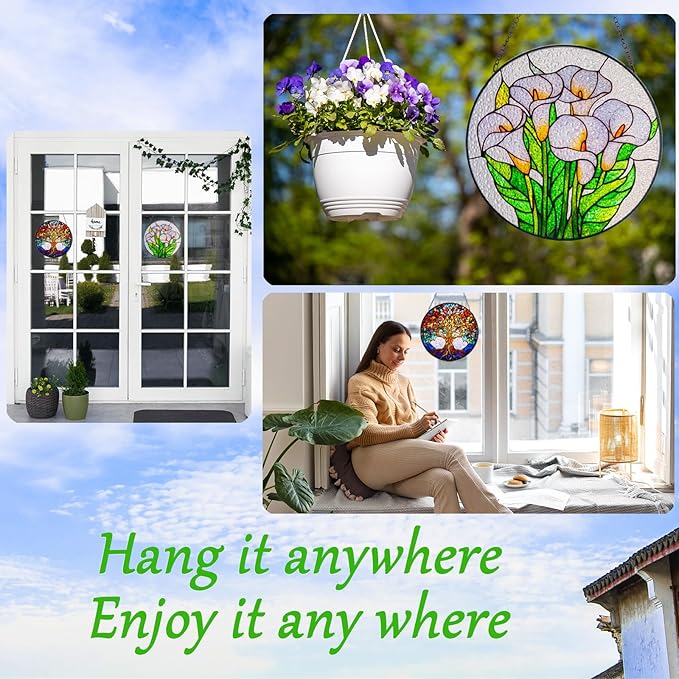 Double Sided Tree of Life Stained Glass Window Hanging, 7.9" Sun Catcher Panel, Green Plant Wall Art for Home & Garden, Unique Gift for Women & Men