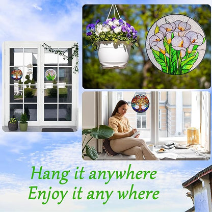 Double Sided Tree of Life Stained Glass Window Hanging, 7.9" Sun Catcher Panel, Green Plant Wall Art for Home & Garden, Unique Gift for Women & Men