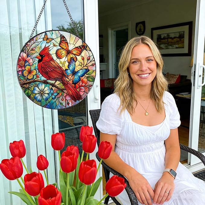 Rngmsi Stained Glass Window Hanging, 7.8″ Cardinal Sun Catchers with Hook Indoor Window Bird Butterfly Decor, Decorative Suncatchers Hanging Ornaments Home Garden Art Gift for Housewarming