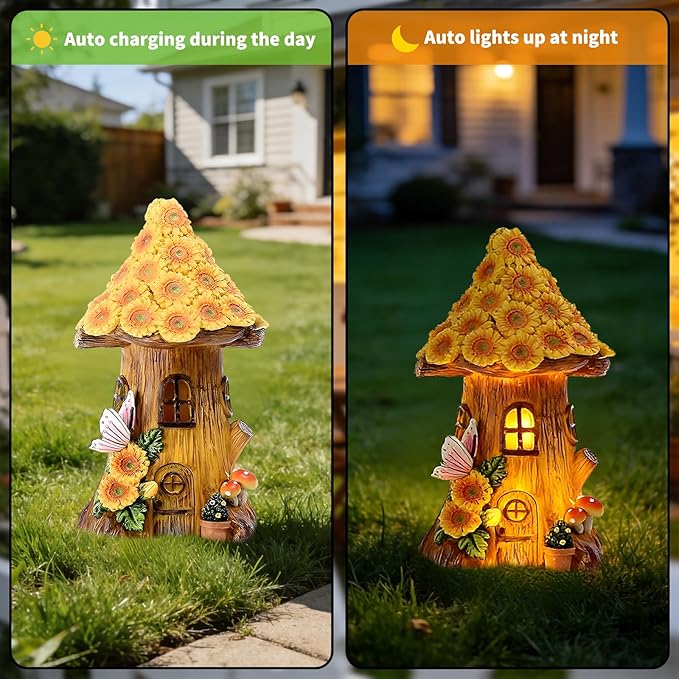 Resin Sunflower House Statue Solar Light, LED Waterproof Decorative Light, Birthday Gifts for Women Mom Grandma, Outdoor Sunflower Garden Statue Decoration for Garden Yard Patio Lawn Balcony Porch