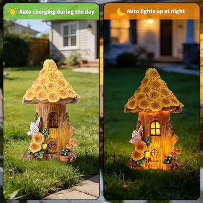 Resin Sunflower House Statue Solar Light, LED Waterproof Decorative Light, Birthday Gifts for Women Mom Grandma, Outdoor Sunflower Garden Statue Decoration for Garden Yard Patio Lawn Balcony Porch