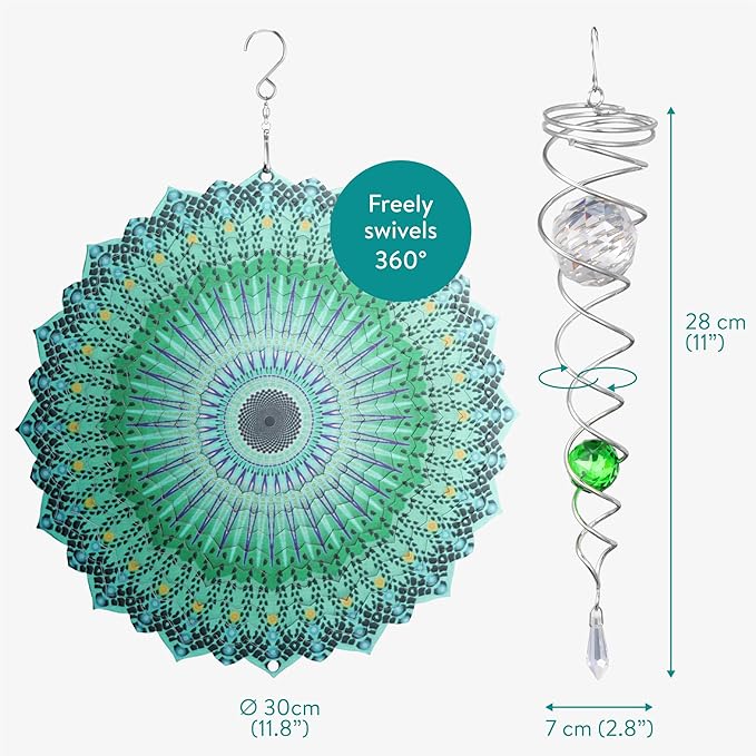 Navaris Garden Wind Spinner & Gazing Ball Spiral Tail Set - Hanging Ornaments & Windmill Spinners - Outdoor Windmills for The Garden, Trees, Balcony - Ideal Gifts for Men and Women