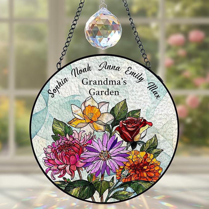 Personalized Mothers Day Stained Glass Gifts for Grandma, Custom Flower Windows Hanging with Kids Name, Suncatcher Ornament Decor Mom Gift from Daugher