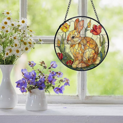 Easter Bunny Flower Suncatcher Stained Glass Window Hanging, Rabbit Floral Sun Catchers Indoor Window Glass Wall Art Decor, Easter Bunny Wall Hanging Decor Decorations, 7.9x7.9 Inch