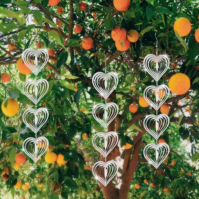 12Pcs Heart Bird Scare Discs, 4Set Highly Reflective Hanging Wind Spinners Outdoor Metal Bird Reflectors for Outside Garden Decor Lightweight Bird Devices to Scare Birds Away from Yard Porch