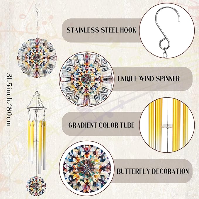 Kaleidoscope Wind Chimes for Outside - Metal Windchimes Deocr with Spinner Indoor Outdoor Hanging Garden Patio Yard Backyard Decoration Christmas New Year Birthday Gift for Women Mom Friend