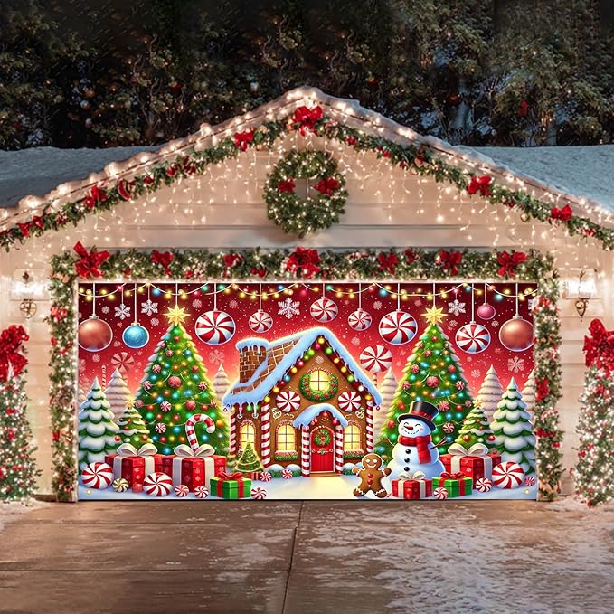 HOMETITUTE Christmas Garage Door Banner 13x6ft Gingerbread House Snowman Candy Cane Holiday Backdrop Winter Scene Indoor Outdoor Wall Hanging Seasonal Party Decorations Festive Porch Entry