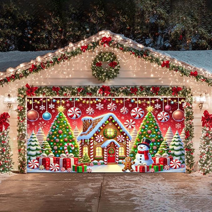 HOMETITUTE Christmas Garage Door Banner 13x6ft Gingerbread House Snowman Candy Cane Holiday Backdrop Winter Scene Indoor Outdoor Wall Hanging Seasonal Party Decorations Festive Porch Entry
