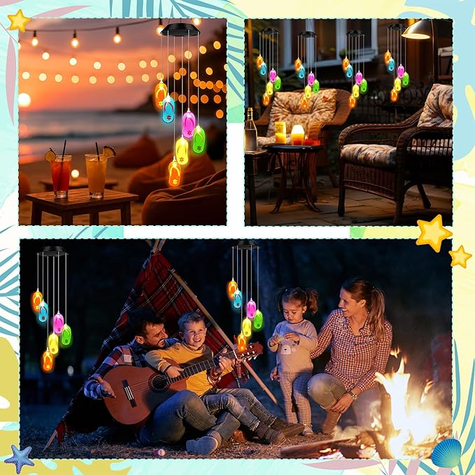 Wonderjune Tropical Beach Themed Slipper Solar Wind Chimes Flip Flop Outdoor Summer Beach Decorations Lights Mobile Wind Chime LED Lights for Garden Patio Yard Porch Hawaii Party Gifts