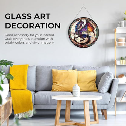 Dragon Stained Glass Window Hanging Suncatcher 12" Glass Panel with Metal Chain Sun Catchers Wall Art Home Decor Gift for Women Mother's Day