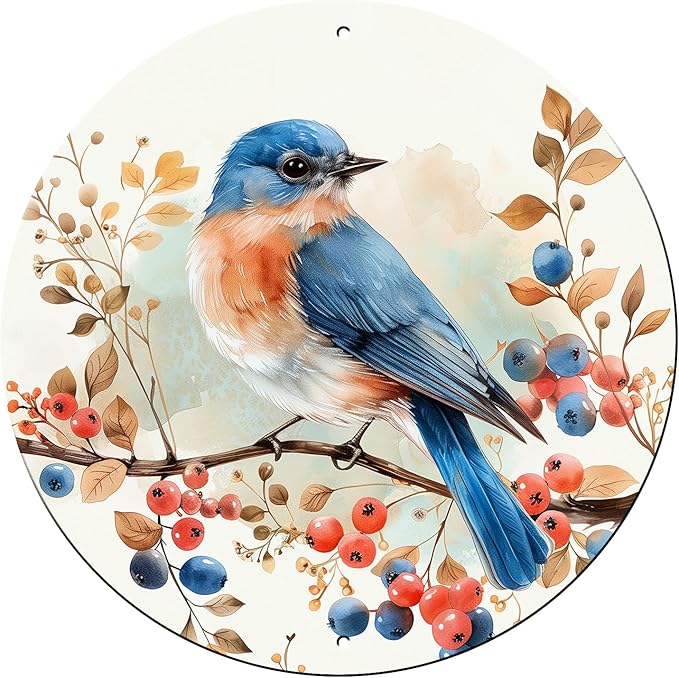 Vintage Blue Bird Watercolor Round Metal Sign Bird Sign Farmhouse Rustic Wreath Wall Decoration for Indoor Outdoor Home Porch Window Decor 12 Inch