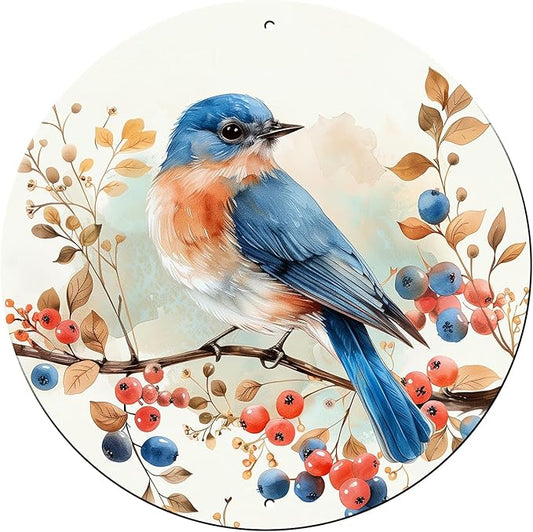 Vintage Blue Bird Watercolor Round Metal Sign Bird Sign Farmhouse Rustic Wreath Wall Decoration for Indoor Outdoor Home Porch Window Decor 12 Inch
