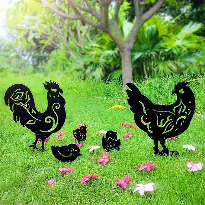 Chicken Metal Yard Art Animals Stakes,5PCS Outdoor Large Black Chickens Family Silhouette Country Garden Sculpture Set,Rooster Mother Hen and Chicks
