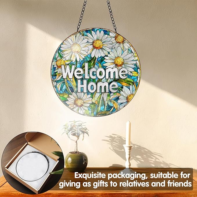 VAIIEYO Welcome Sun Catcher Stained Glass Window Hanging Ornament, Handmade Sun Catcher Flower Decoration with Hooks for Window Garden Home, Christmas & Birthday Housewarming Gift (7.8 inch)