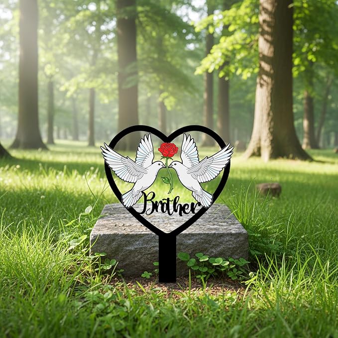 Brother Grave Decorations for Cemetery - Heart Metal Memorial Stake with Doves - Sturdy Waterproof Brother Remembrance Plaque - Graveside Burial Markers, Loss of Brother Gift(White Dove)