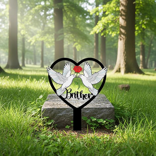 Brother Grave Decorations for Cemetery - Heart Metal Memorial Stake with Doves - Sturdy Waterproof Brother Remembrance Plaque - Graveside Burial Markers, Loss of Brother Gift(White Dove)