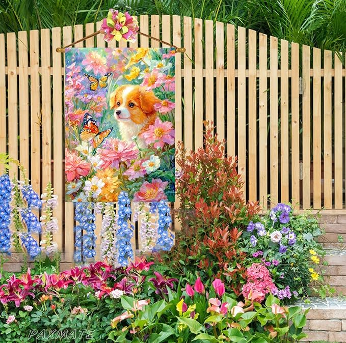 Spring Summer Welcome House Flag 28x40 Inch Double Sided Dog Floral Butterfly Burlap Large Yard Flag Seasonal Farmhouse Outside Outdoor Decoration