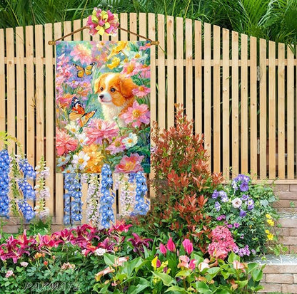 Spring Summer Welcome House Flag 28x40 Inch Double Sided Dog Floral Butterfly Burlap Large Yard Flag Seasonal Farmhouse Outside Outdoor Decoration