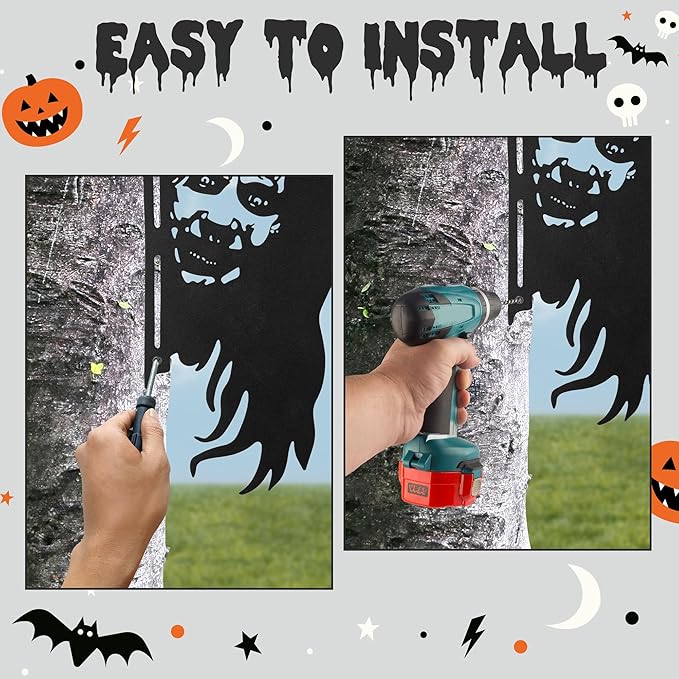 Metal Garden Fence Decor - Double Sided Black Yard Art, Weatherproof Garden Sculptures for Outdoor Patio, Farmhouse Fence Halloween Spooky Decor, Backyard Ornaments for Lawn (Witch)
