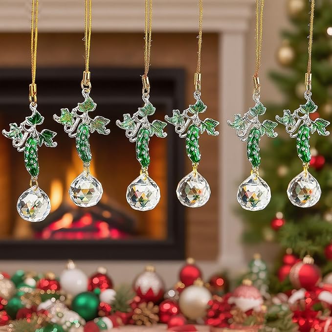 H&D HYALINE & DORA Set of 6 Rhinestones Pickle Crystal Suncatcher Pendant Cucumber Rainbow Pickle Sun Catcher Onraments for Tree Windows Garden Home Decor