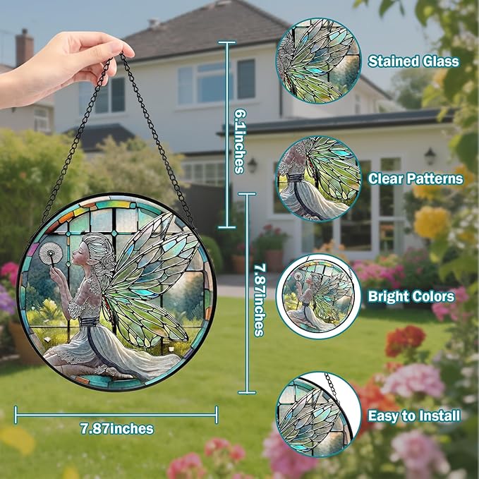 Dandelion Fairy Stained Glass Window Hanging, Suncatcher Diamond Glass Panel Hangings, Sun Catchers Indoor Windows Wall Art, Gifts for Mom Grandma, Christmas Decor for Home Garden Office 7.87 inches