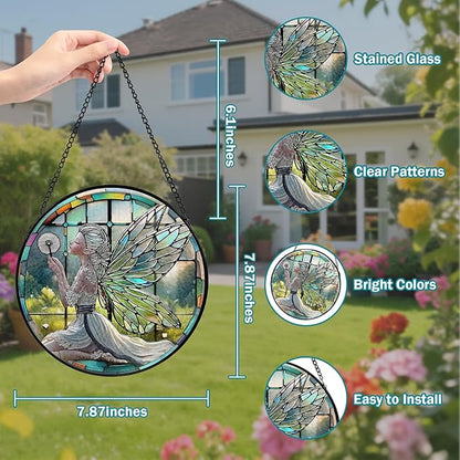 Dandelion Fairy Stained Glass Window Hanging, Suncatcher Diamond Glass Panel Hangings, Sun Catchers Indoor Windows Wall Art, Gifts for Mom Grandma, Christmas Decor for Home Garden Office 7.87 inches