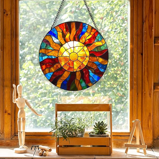 Stained Glass Window Hanging, Sunrise Suncatcher for Window Doors Garden Home Decoration, Abstract Colorful Glass Panel Ornaments for Women,Men,Wife, Lovers, and Mom 7.8×7.8 in
