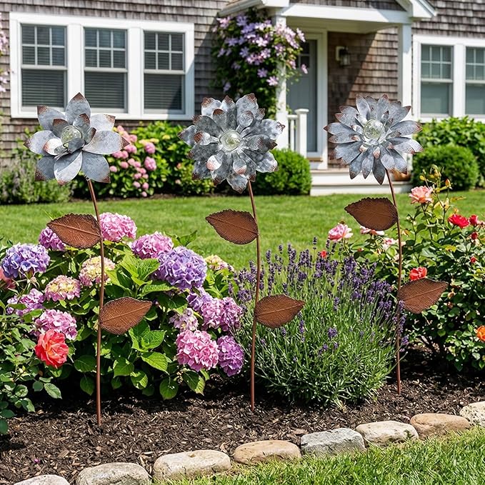 Garden Stakes Decorative, Metal Flowers for Outside, Glow in Dark Yard Lawn Ornaments Plant Pot Flower Bed Decor, Patio, Set of 3, Silver