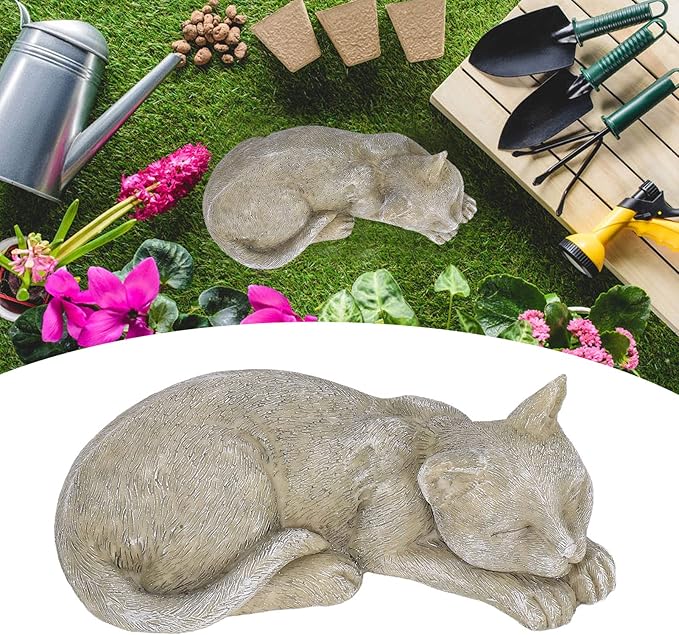 Hapivida Cat Garden Statue Outdoor, 5.5in Mini Cat Figurine Memorial Statue Sleeping Pet Statues Decor Resin Realistics Sculptures Gift