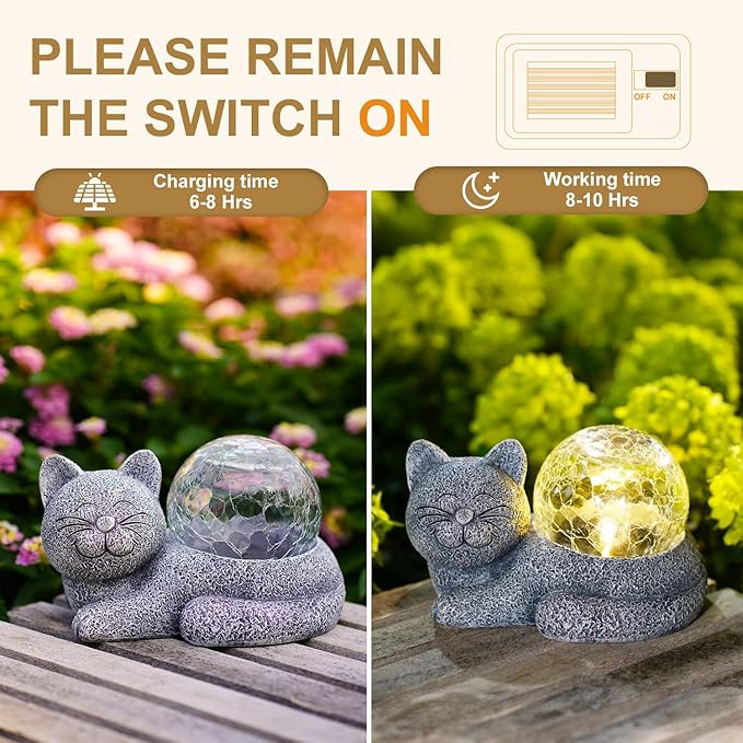 Solar Cat Garden Statue Large for Outdoor Decor with Cracked Glass Figurine Lighting Resin Succulent Cat Decorations Patio Lawn Yard Housewarming Mom Gifts