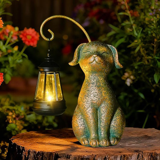 Solar Garden Decor Dog Statues with Lantern,Waterproof Resin Solar Outdoor Statue Decoration for Yard, Lawn, Flower Bed, Backyard, Front Yard, Patio, Balcony – Gift for Dog Lovers