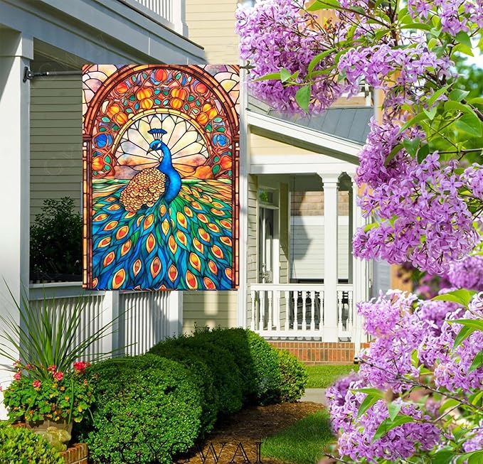 Stained Glass Peacock Spring House Flag 28x40 Inch Double Sided Large Burlap Yard Flag for Spring Summer Outdoor Outside Seasonal Decor