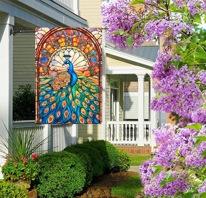 Stained Glass Peacock Spring House Flag 28x40 Inch Double Sided Large Burlap Yard Flag for Spring Summer Outdoor Outside Seasonal Decor