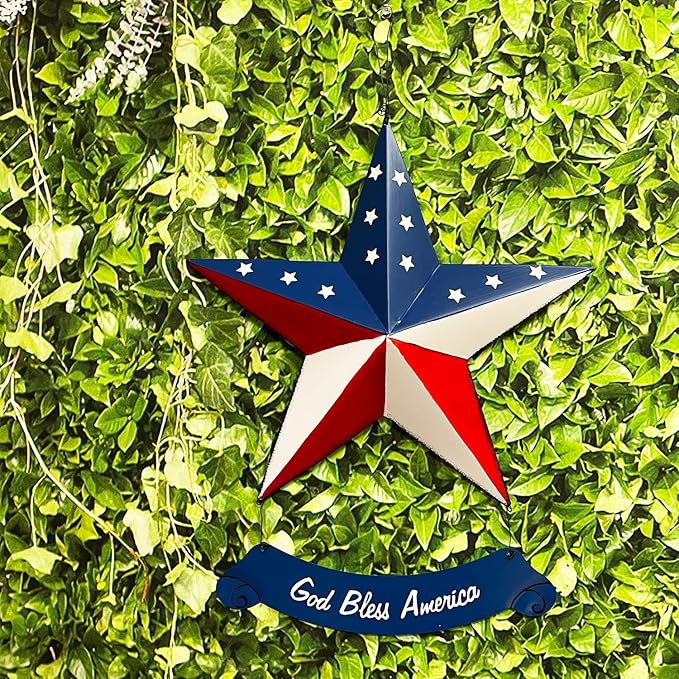 Rustic Hanging Metal American Flag Patriotic Barn Star Wall Door Yard Signs 4th of July White Blue Red Independence Day Memorial Day Decor Indoor Outdoor Stars Wreath Fourth of July Decorations