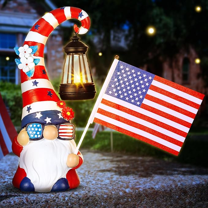 VIHOSE 12 Inch 4th of July Patriotic Gnomes Statues 250th Anniversary Gnome Outdoor Figurine Lights for Outside Lawn Ornaments Garden Porch Patio Balcony Yard Fourth of July Gifts for Mom Women
