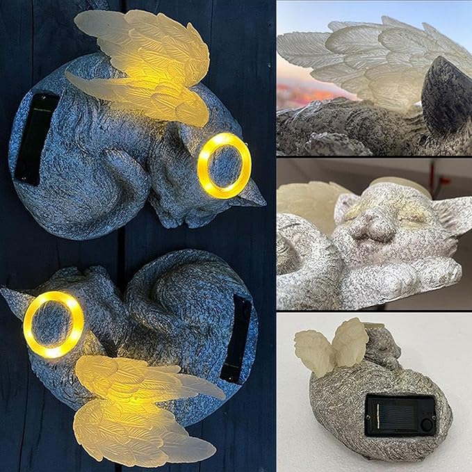 Banax Solar Powered Cat Angel Pet Memorial Tombstone Statue, Big Resin Cat Statue with Angel Wings, Pet Tribute for Tombstone or Outdoor Backyard Garden