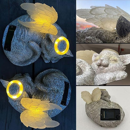 Banax Solar Powered Cat Angel Pet Memorial Tombstone Statue, Big Resin Cat Statue with Angel Wings, Pet Tribute for Tombstone or Outdoor Backyard Garden