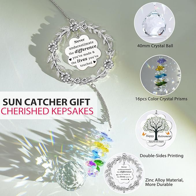 Retirement Gifts for Women, Sun Catcher Gift with Engraved Happy Retirement Message, Hanging Crystal Sun Catcher Ornament for Window Rainbow Maker, Appreciation Gift for Retired Teacher, Friends, Mom