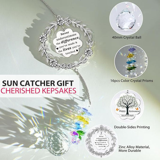 Retirement Gifts for Women, Sun Catcher Gift with Engraved Happy Retirement Message, Hanging Crystal Sun Catcher Ornament for Window Rainbow Maker, Appreciation Gift for Retired Teacher, Friends, Mom